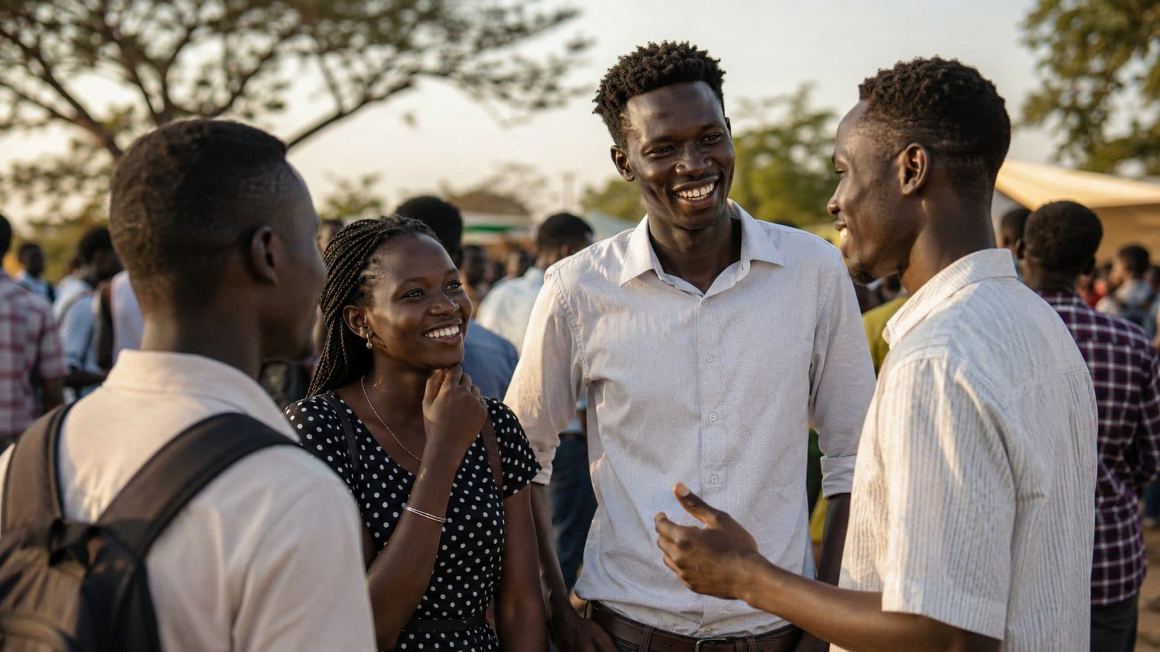 A group of young South Sudanese adults talking and smiling at an Inspire Junub event